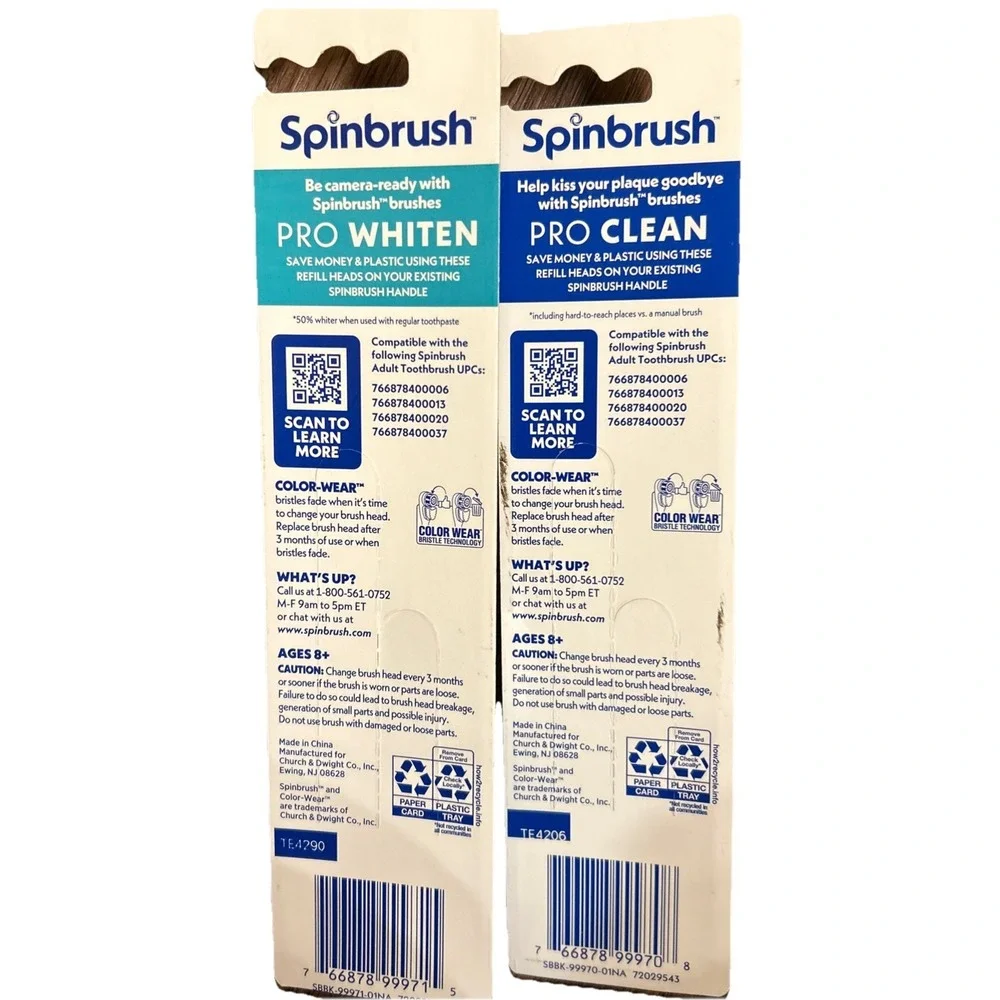 2 Packs Of 2 Spinbrush Pro Series Pro Clean/White Replacement‎ Brush Heads Soft